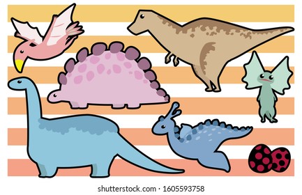 Dinosaur set: Tyrannosaurus, Stegosaurus, Brachiosaurus, Dilophosaurus, Archeopteryx, Egg - black border