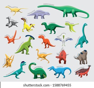 Dinosaur Set Various Kind Identify Cartoon Vector