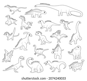 Dinosaur Set Various Kind Identify Cartoon Vector Black and White