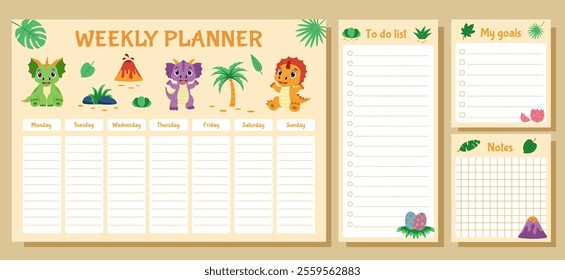 Dinosaur set of weekly planner, to do list, goals and notes. Set with dinosaurs and tropical plants.