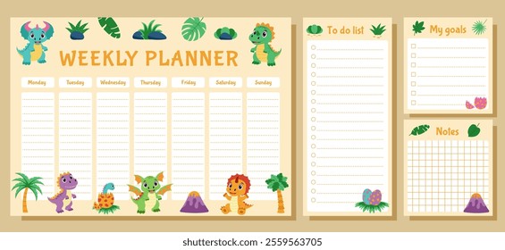 Dinosaur set of weekly planner, to do list, goals and notes. Set with dinosaurs and tropical plants.