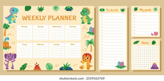 Dinosaur set of weekly planner, to do list, goals and notes. Set with dinosaurs and tropical plants.