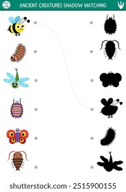 Actividad de emparejamiento de sombras de dinosaurios con insectos antiguos. Rompecabezas prehistórico con libélula linda, mariposa, escarabajo, ciempiés, abeja. Encuentra la silueta correcta para imprimir la hoja de cálculo o el juego
