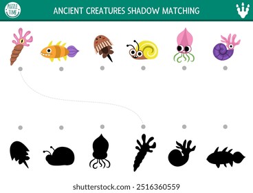 Atividade de correspondência de sombra de dinossauro com animais aquáticos antigos. Quebra-cabeça pré-histórica com amonita fofa, peixe, lula, concha. Encontre silhueta correta planilha imprimível ou jogo com criaturas engraçadas
