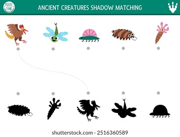 Actividad de emparejamiento de sombras de dinosaurios con animales antiguos. Rompecabezas prehistórico con amonita linda, ciempiés, libélula, arqueopteryx. Encuentra la silueta correcta para imprimir la hoja de cálculo o el juego
