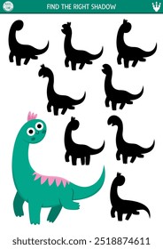 Actividad de emparejamiento de sombras de dinosaurios con animales antiguos. Rompecabezas prehistórico con lindo braquiosaurio. Encuentra la silueta correcta para imprimir la hoja de cálculo o el juego. Página de Dino para niños con diplodocus