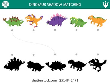 Dinosaur shadow matching activity with animals. Prehistoric puzzle with cute stegosaur, triceratops, ankylosaur. Find correct silhouette printable worksheet or game. Dino land page for kids
