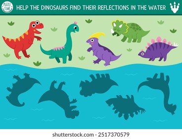 Dinosaurier Schatten passende Aktivität mit Tieren auf der Suche nach ihren Reflexionen in Wasser. Prähistorisches Puzzle mit süßem Stegosaurier, Triceratops, T-Rex. Finden Sie richtige Silhouette druckbare Arbeitsblatt, Spiel
