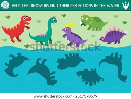 Dinosaur shadow matching activity with animals looking for their reflections in water. Prehistoric puzzle with cute stegosaur, triceratops, T-rex. Find correct silhouette printable worksheet, game
