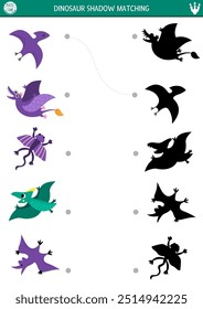 Dinosaur shadow matching activity with flying animals. Prehistoric puzzle with cute pterosaurs with wings. Find correct silhouette printable worksheet or game. Dino land page for kids
