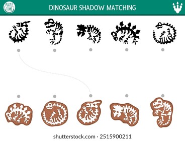 Atividade de correspondência de sombra de dinossauro com ossos fósseis. Quebra-cabeça pré-histórica com stegosaur bonito, triceratops, esqueletos T-rex. Encontre silhueta correta planilha imprimível ou jogo. Página inicial do Dino para crianças