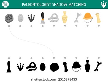 Atividade de correspondência de sombra de dinossauro com objetos paleontólogos. Quebra-cabeça pré-histórica com atributos arqueológicos. Encontre silhueta correta planilha imprimível ou jogo para crianças com osso, chapéu, ovo