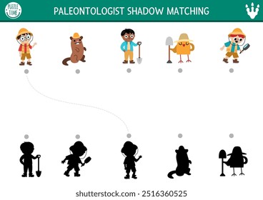 Actividad de emparejamiento de sombras de dinosaurios con paleontólogos. Rompecabezas prehistórico con arqueólogos. Encuentra la silueta correcta para imprimir la hoja de cálculo o el juego. Página de Dino para niños con pequeños científicos
