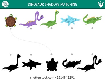 Dinosaur shadow matching activity with water animals. Prehistoric puzzle with cute plesiosaur, Ichthyosaur. Find correct silhouette printable worksheet or game. Dino land page for kids
