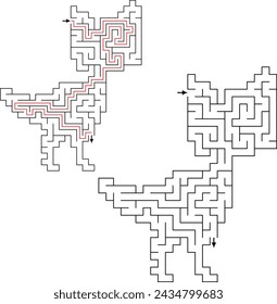 Dinosaur shape maze for Kids. with entry and exit and solution - red passing route. Logic game for brain training isolated on white background.