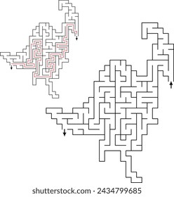 Dinosaur shape maze for Kids. with entry and exit and solution - red passing route. Logic game for brain training isolated on white background.