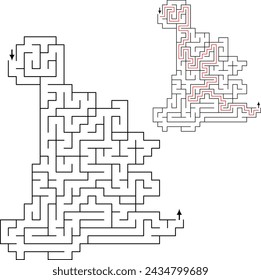 Dinosaur shape maze for Kids. with entry and exit and solution - red passing route. Logic game for brain training isolated on white background.
