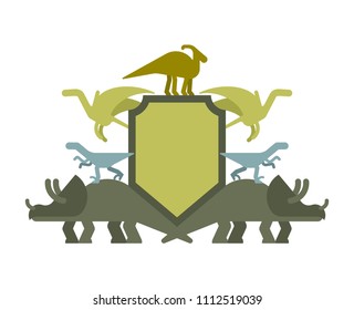 Dinosaur and Shield heraldic symbol. Dino Sign Prehistoric beast for coat of arms. Archeology sign. Vector illustration
