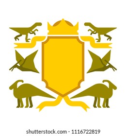 Dinosaur and Shield heraldic symbol. Dino Sign Prehistoric beast for coat of arms. Archeology sign. Vector illustration
