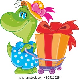 dinosaur with shopping