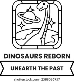 A dinosaur is shown in a window with a planet and a dinosaur in the style of sign illustrations