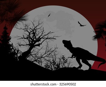 Dinosaur silhouette in beautiful landscape at night, vector illustration