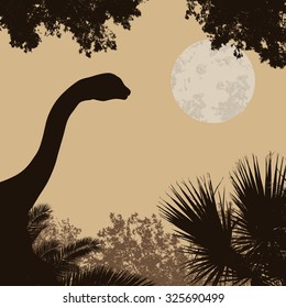 Dinosaur silhouette (brontosaurus) on beautiful forest in retro style