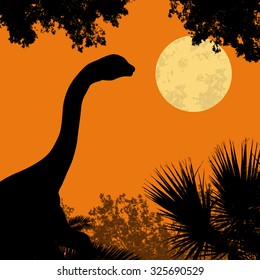 Dinosaur silhouette (brontosaurus) on beautiful forest in the full moon light 