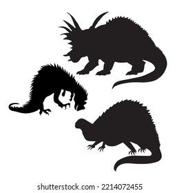 Dinosaur silhouette. Dinosaurs and Jurassic dino monsters icons. Vector silhouette of triceratops or T-rex, brontosaurus and stegosaurus, ceratosaurus and parasaurolophus reptile