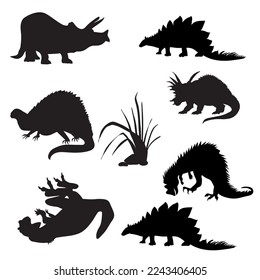 Dinosaur silhouette. Dinosaurs and Jurassic dino monsters icons. Vector silhouette of triceratops or T-rex, brontosaurus and stegosaurus, ceratosaurus and parasaurolophus reptile.