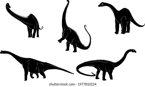 Dinosaur silhouette. Icon Jurassic Monsters T-rex Stegosaurus Triceratops Pterodactyl Spinosaurus Apatosaurus Allosaurus Carnotaurus Ankylosaurus Velociraptor. Vector group set of dino silhouettes.
