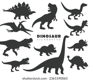 Dinosaurier Silhouette einzeln Set Symbol. Vektorset der Dinosaurier Ankylosaurus, Brachiosaurus, Pteranodon, Stegosaurus, Triceratops, Tyrannosaurus Rex, t-rex, Velociraptor. Vektorgrafik-Dino