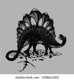 Dinosaur silhouette on isolated background. Black and white Stegosaurus. Tattoo style.