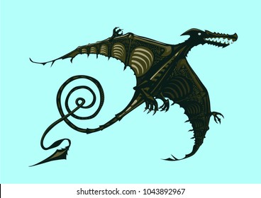 Dinosaur silhouette on isolated background. Color pterodactyl. Tattoo style.