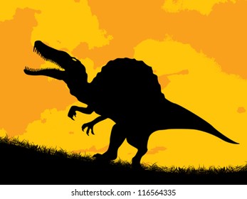Dinosaur silhouette over a cloudy sunset.