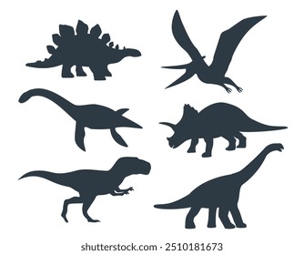 Dinosaur silhouette set, collection isolated on white background. Black dinosaur silhouette icon side view. Vector illustration 