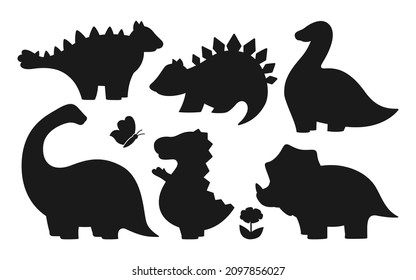 Dinosaur silhouette set. Reptile stamp or stencil collection dino contour childish character. Wildlife funny dinosaurs prehistoric lizard. Kids design for fabric or textile, predators and print vector