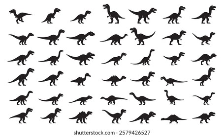 Dinosaur silhouettes in black and white illustration collection. Different prehistoric extinct reptiles. Paleontology and biology science resource.