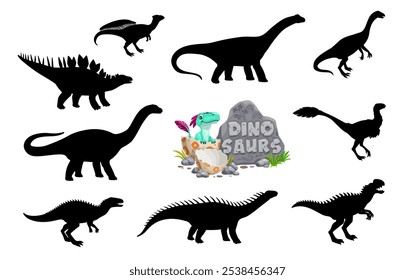 Silhuetas de dinossauro com desenho animado bebê dino na casca de ovo. Vetor pré-histórico dino animais da era jurássica. Silhuetas isoladas de dinossauros kentrosaurus, wannanosaurus, monolophosaurus, anchisaurus