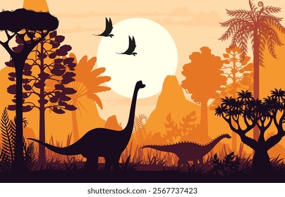 Dinosaur silhouettes in jungle forest vector background. Jurassic dino animals, prehistoric palm trees, plants and mountains at sunset. Brachiosaurus, ampelosaurus and dimorphodon dinosaur silhouettes