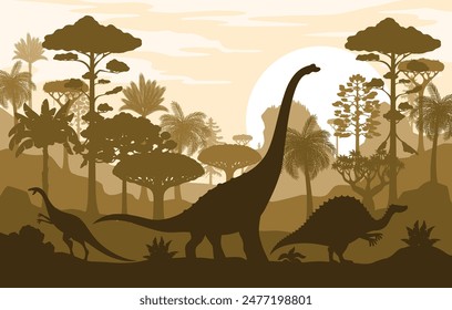 Siluetas de dinosaurios en selvas, paisaje prehistórico de lagartos del parque jurásico, fondo de Vector. Reptiles dinosaurios y dinosaurios en bosque tropical con montañas y sol en el cielo en paisaje prehistórico