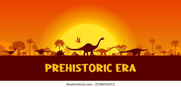 Silhuetas de dinossauros na paisagem pré-histórica do pôr do sol da era Jurássica, fundo vetorial. Silhuetas pré-históricas de dinossauros, lagartos gigantes e répteis de dino com pterodátilo na floresta da selva com pôr do sol