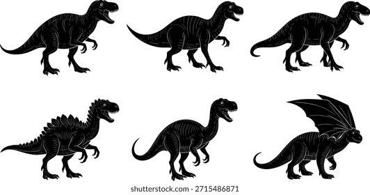Silhuetas de dinossauros, criaturas pré-históricas, dragão alado, forma de stegosaurus, répteis bípedes, sombras pretas, bestas de fantasia, fundo branco, tema das crianças, vibe jurássica