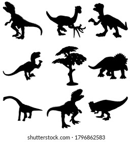 Dinosaur silhouettes set. Black and white vector illustration.