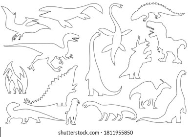Dinosaur silhouettes set. Coloring dino monsters icons. Prehistoric reptile monsters. Vector illustration isolated on white. Black and white graphics