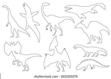 Dinosaur silhouettes set. Coloring dino monsters icons. Prehistoric reptile monsters. Vector illustration isolated on white. Black and white graphics