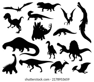 Dinosaur silhouettes set. Dino monsters icons. Shape of real animals. Sketch of prehistoric reptiles. Vector illustration isolated on white. Hand drawn sketches