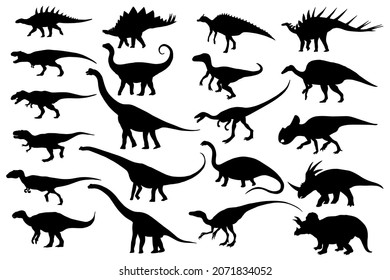 Dinosaurier-Silhouetten-Set: Tyrannosaurus, Triceratops, Stegosaurus, Allosaurus, Velociraptor, Brontosaurus, Diplodocus, Corytosaurus, Protoceratops. Vektorgrafik.