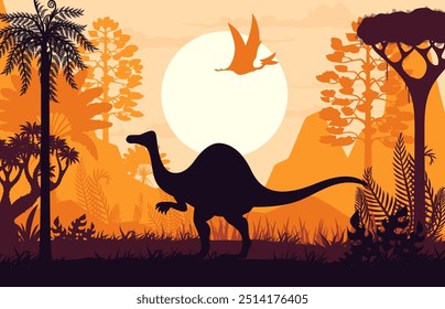 Silhuetas de dinossauros em floresta tropical. Vetor cena pré-histórica com deinocheirus sombra de dino vagando contra um céu laranja vívido com sol e exuberante, fetos-preenchido Jurássico era paisagem fundo