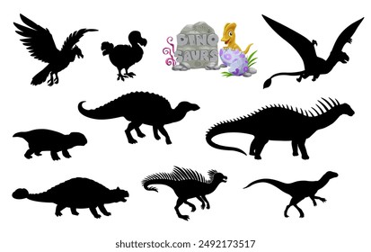 Dinosaur silhouettes, vector set of isolated black shadows of pegomastax, saichania, lystrosaurus and hypsilophodon. Dimorphodon, anatotitan, dicraeosaurus and dodo bird with argentavis dino animals